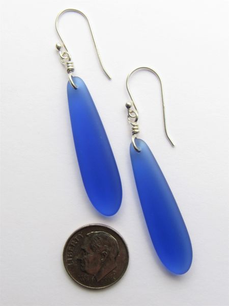 Sea Glass EARRINGS Royal Blue Elongated Elegant Dangle Earwires Sterling Silver 2 1/4" making earrings beach jewelry bead