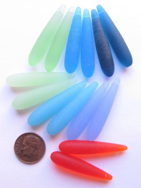 Sea Glass PENDANTS 38x8mm 7 Pair Top Drilled rounded Teardrop Blue green Opaque pairs Making sea glass Jewelry pairs bead supply
