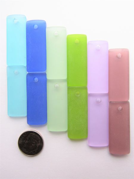 Sea Glass PENDANTS Rectangle 35x14mm 6 pair Aqua Blue Green Purple Drilled Making sea glass jewelry designers bead supply