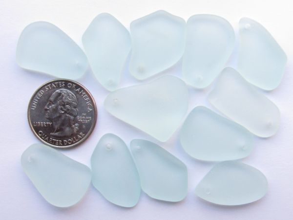 2 hole Sea Glass PENDANTS 1" Light Aqua Blue Freeform double hole Connectors making jewelry designer bead supply