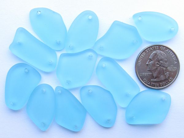 2 hole Sea Glass PENDANTS 1" Aqua Blue Freeform double hole Connectors making jewelry designer bead supply