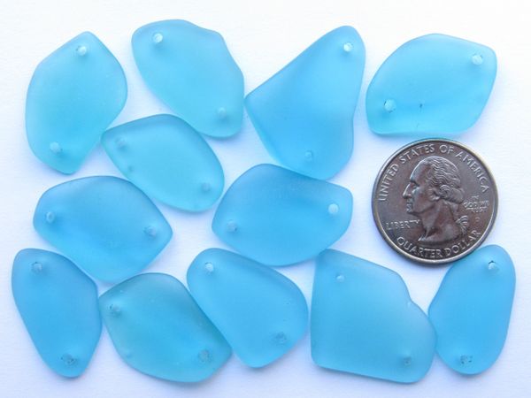 2 hole Sea Glass PENDANTS 1" Pacific Blue Freeform double hole Connectors making jewelry designer bead supply