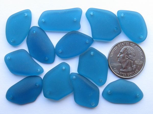 2 hole Sea Glass PENDANTS 1" Teal Marine Blue Freeform double hole Connectors making jewelry designer bead supply