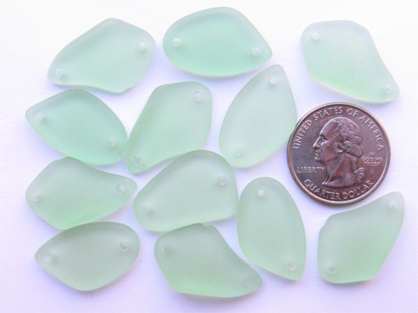 2 hole Sea Glass PENDANTS 1" light green Freeform double hole Connectors making jewelry designer bead supply