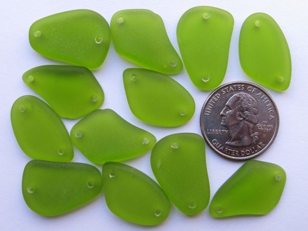 2 hole Sea Glass PENDANTS 1" Olive green Freeform double hole Connectors making jewelry designer bead supply