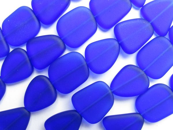 Cultured Sea Glass BEADS Royal cobalt blue 15mm flat freeform frosted bead supply for making jewelry