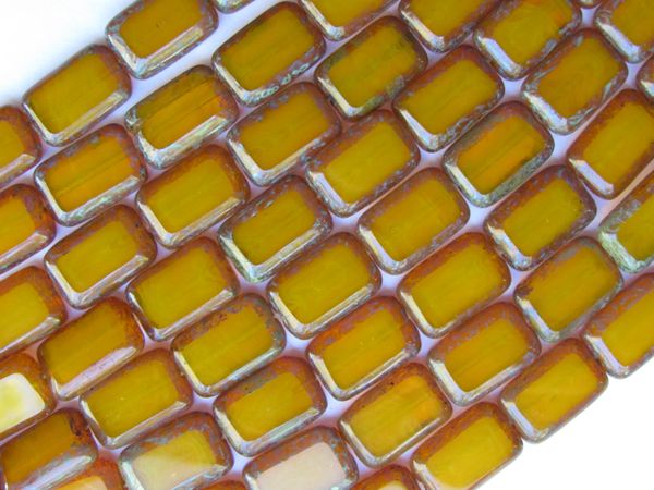 CZECH Glass BEADS Table Cut Window Rectangle Milky Yellow Picasso 12/8mm Strand 24 pc