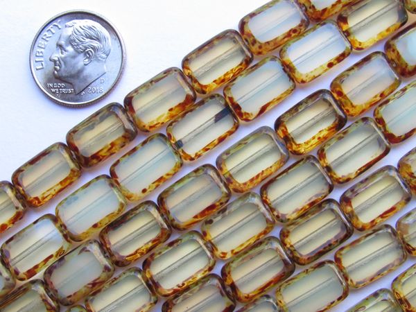 CZECH Glass BEADS Table Cut 12x8mm Rectangle Milky Seafoam 24 pc Strand