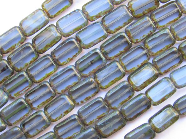 CZECH Glass BEADS Table Cut 12x8mm Rectangle transparent Montana Blue Picasso 24 pc Strand