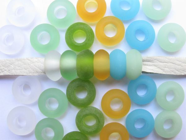 SEA GLASS BEADS Large Hole 14x7mm large 6mm hole U-Pick assorted colors Bead for making jewelry with leather cord