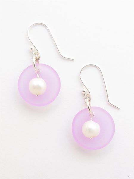 Seaglass EARRINGS 1 3/8" Dangle Handmade Sterling Silver light purple White Pearl earwires elegant sea glass jewelry