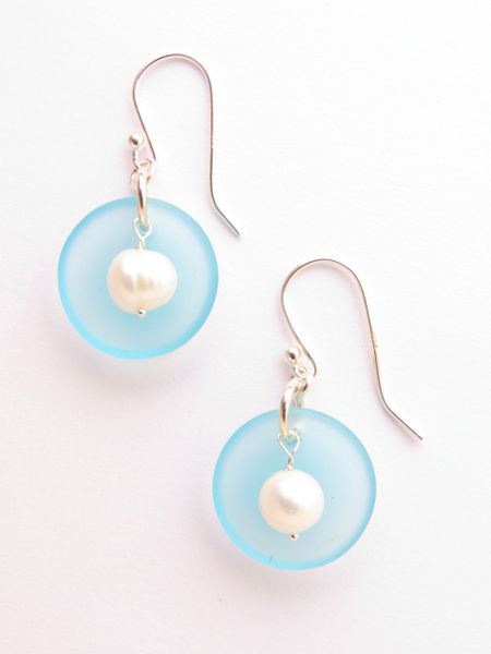 Pearl Sea glass EARRINGS 1 3/8" Dangle Handmade Sterling Silver White Pearls Aqua blue sea glass pendants earwires sea glass jewelry
