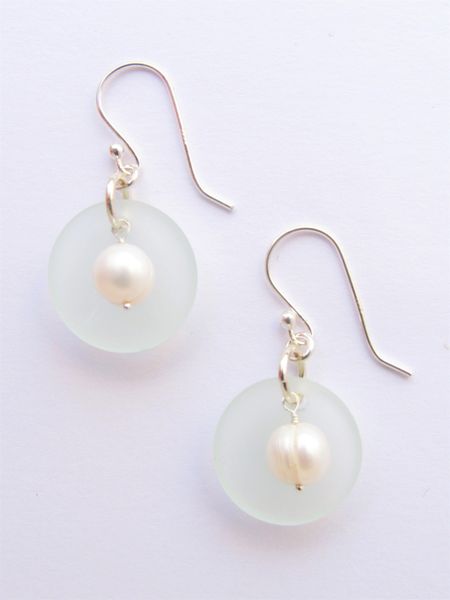 Sea glass Pearl EARRINGS 1 3/8" Dangle Handmade Sterling Silver White Pearls Light Aqua sea glass pendants earwires sea glass jewelry