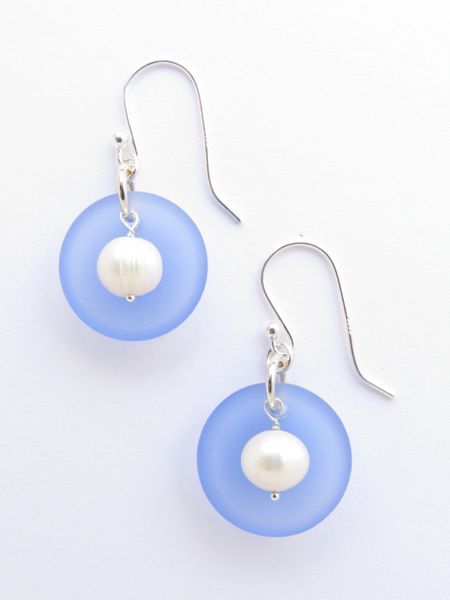 Sea glass Pearl EARRINGS 1 3/8" Light Sapphire like cornflower blue Handmade Sterling Silver White Pearls Light Aqua earwires sea glass jewelry