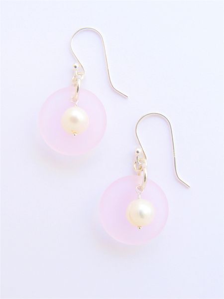 Sea glass Pearl EARRINGS 1 3/8" Blossom Pink Handmade Sterling Silver White Pearls Light Aqua earwires sea glass jewelry