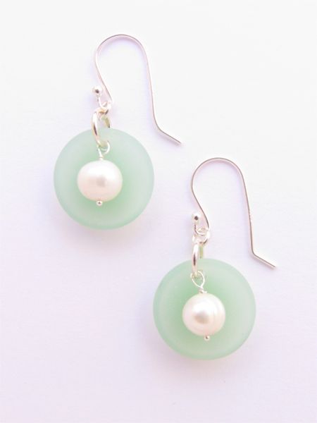 Sea glass Pearl EARRINGS 1 3/8" Opaque Seafoam Green Handmade Sterling Silver White Pearls Light Aqua earwires sea glass jewelry