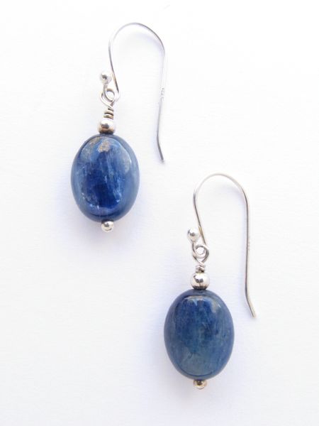 Kyanite EARRINGS 1 3/8" Handmade Sterling Silver Large Oval BEAD Dangle Drop Blue Gemstone Drop Earwires