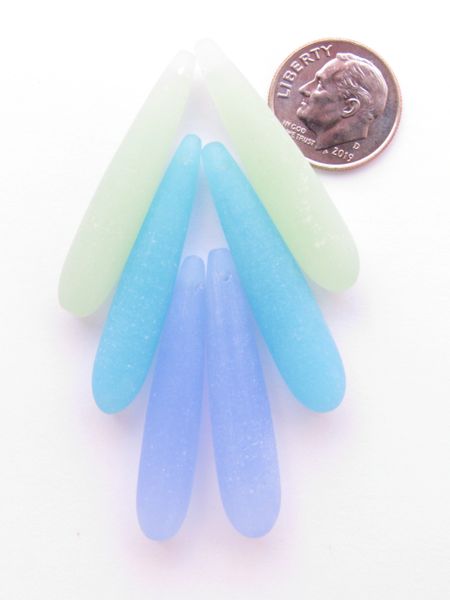 Sea Glass PENDANTS 38x8mm Rounded Teardrop 3 Pair u-pick Blues Opaque Seafoam Green Blue pairs for making seaglass jewelry
