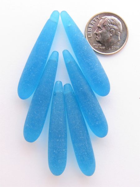 Bead Supplies - SEA GLASS PENDANTS 38x8mm Long Rounded Teardrop 6 pc Top Drilled for making jewelry