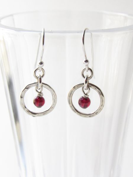AAA Garnet EARRINGS 1 1/8" Dangle hand hammered Ring Sterling Silver jewelry with ear wires