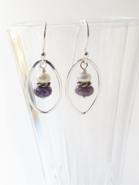 Charoite EARRINGS 1 1/4" Handmade Sterling Silver with Earwires floating oval purple gemstone white pearl gift jewelry