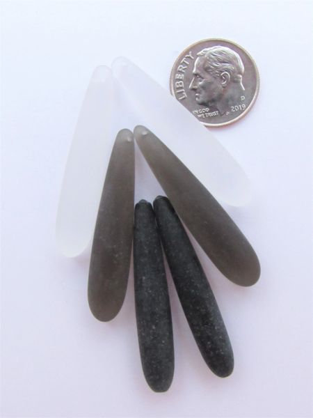 Sea Glass PENDANTS 38x8mm Rounded Teardrop 3 Pair Clear Opaque Black
