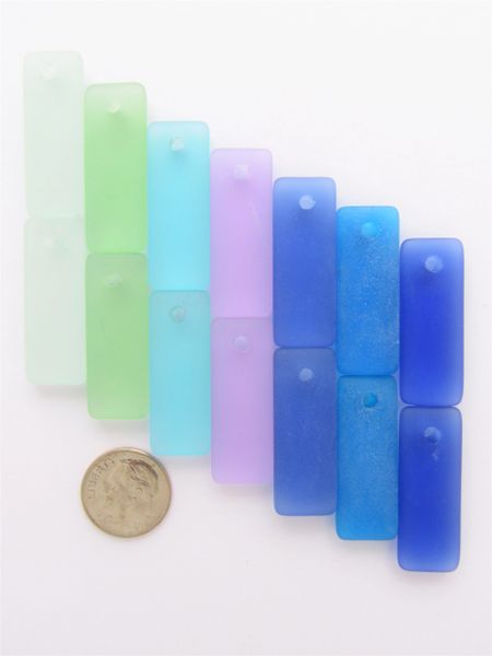 Cultured Sea Glass PENDANTS 32x12mm Puffed Rectangle 14 pc assorted pairs for making jewelry