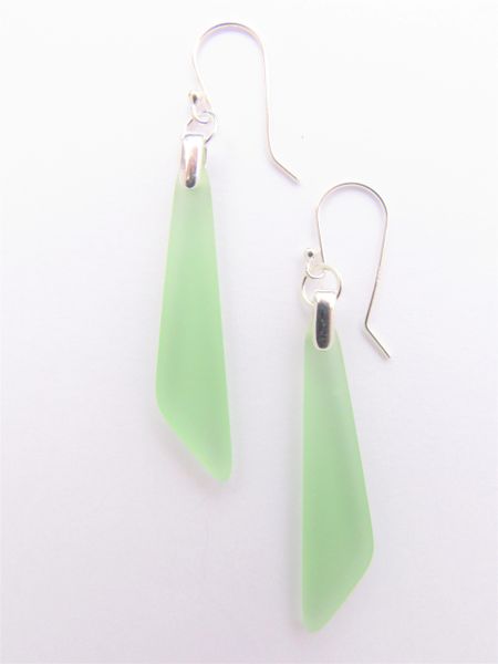Sea Glass EARRINGS Sterling Silver Peridot light green Dangle Earwires 2 1/4" long drop frosted beach glass jewelry