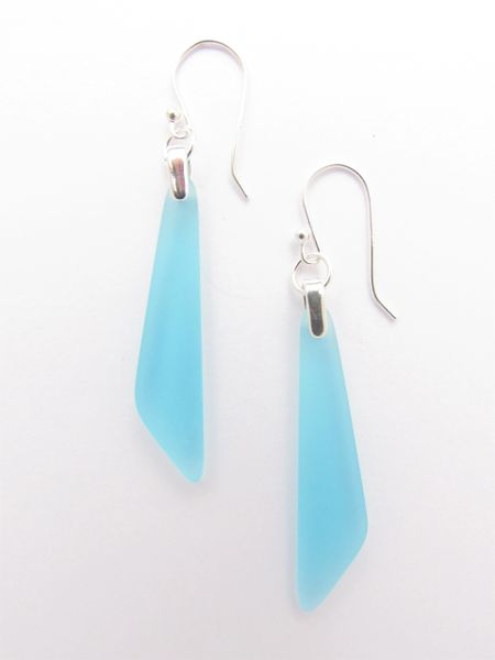 Sea Glass EARRINGS Sterling Silver Dangle Drop aqua blue Earwires 2 1/4" long drop frosted beach glass jewelry