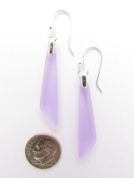 Handmade EARRINGS Sterling Silver light purple seaglass Dangle Drop Earwires 2 1/4" long drop transparent frosted beach glass jewelry