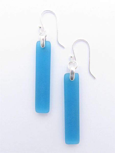 Sea Glass EARRINGS Sterling Silver Handmade Rectangle Dangle Earwires Teal Blue Marine Blue Beach glass jewelry