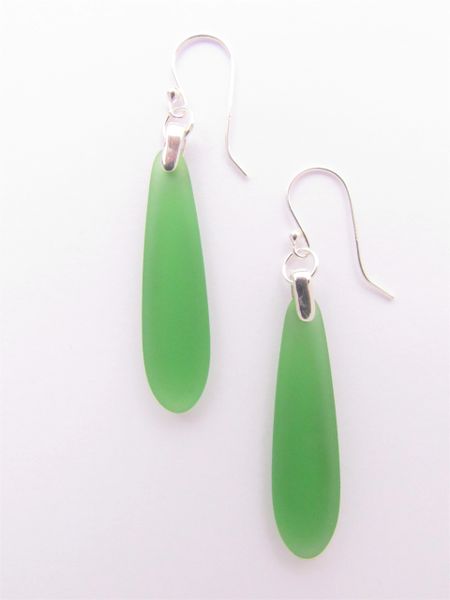 Sea Glass EARRINGS Medium Green Pendant Sterling Silver long teardrop Beach glass jewelry