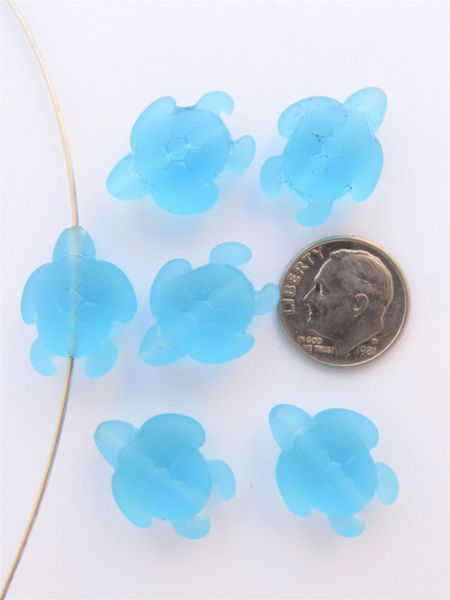 Jewelry supply - TURTLE BEADS 20x15mm Turquoise Bay aqua blue frosted glass length drilled for making jewelry
