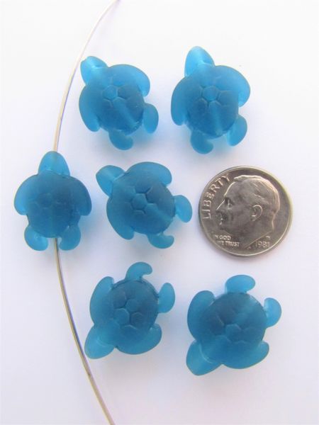 Jewelry making Supply - TURTLE BEADS Teal Marine Blue 20x15mm length drilled frosted transparent