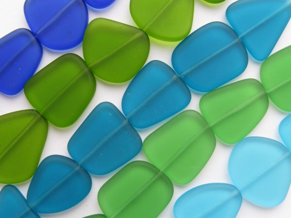Cultured Sea Glass BEADS 22-24mm Assorted Strands Dark Blue Green 5 strands Flat Freeform frosted