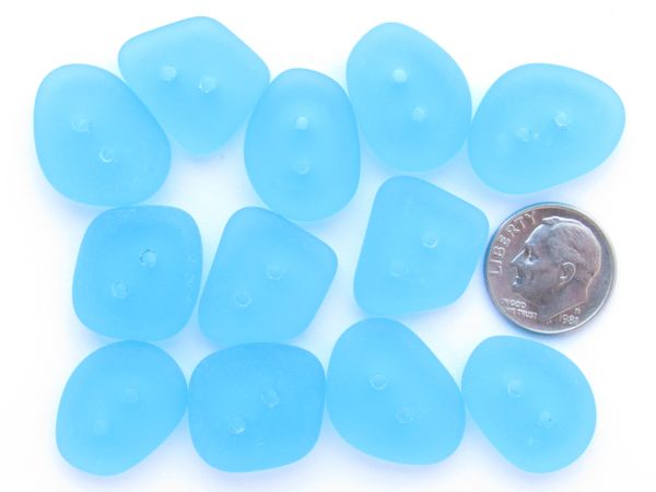 Cultured Sea Glass Supply - 2 Hole BUTTONS 22-18 x 17-15mm aqua blue freeform frosted for closure or clothing