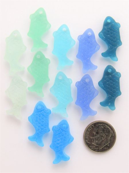 Jewelry making Supplies Frosted Glass Fish PENDANTS 12 pc Assorted colors 24x12mm top drilled