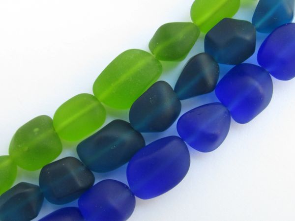 Cultured Sea Glass BEADS for making jewelry Freeform 13-15mm Nugget Dark Blue Green strands lot
