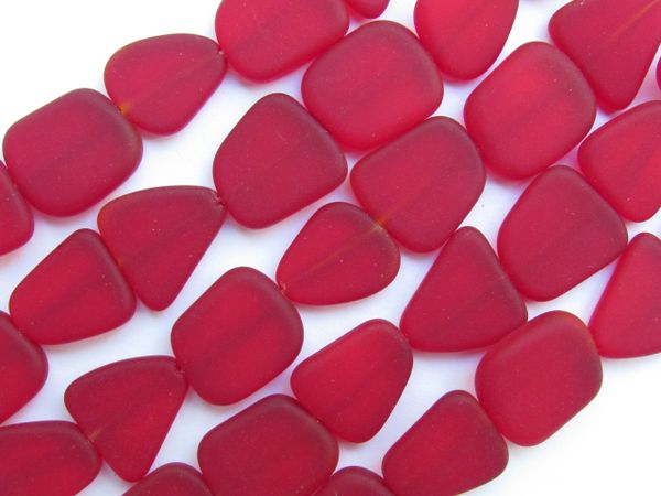 Bead Supply Cultured Sea Glass BEADS 15mm flat freeform Cherry Red length drilled frosted transparent