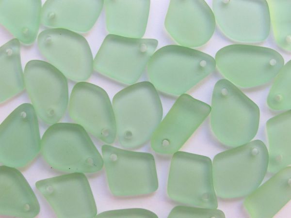 Bead Supplies Cultured Sea Glass PENDANTS 15mm Flat light Green Freeform frosted top drilled for making jewelry