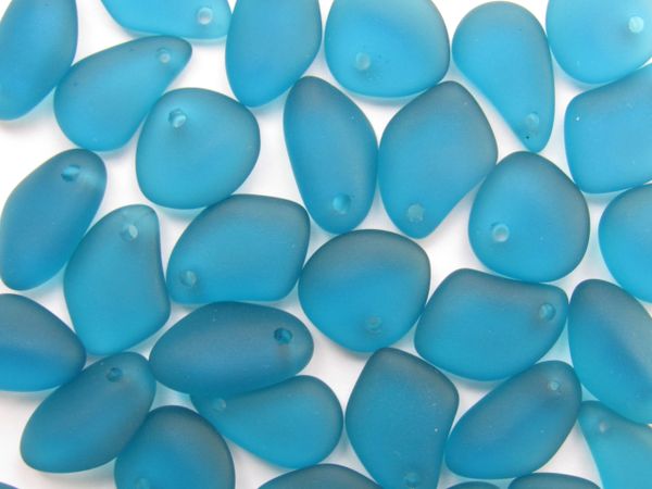 Jewelry Supplies Cultured Sea Glass PENDANTS 15mm top drilled Teal marine blue frosted glass beads