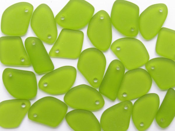 Olive Green Cultured Sea Glass PENDANTS 15mm Top Drilled Flat Freeform frosted beads for making jewelry