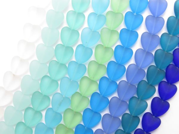 Bead Supply Heart BEADS Cultured Sea Glass 11x12mm assorted strands puffed hearts seafoam blue green for making jewelry