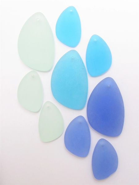 3 pc sets Cultured Sea GLASS PENDANTS Blue Aqua Teal 3 Sets necklace earrings for making jewelry