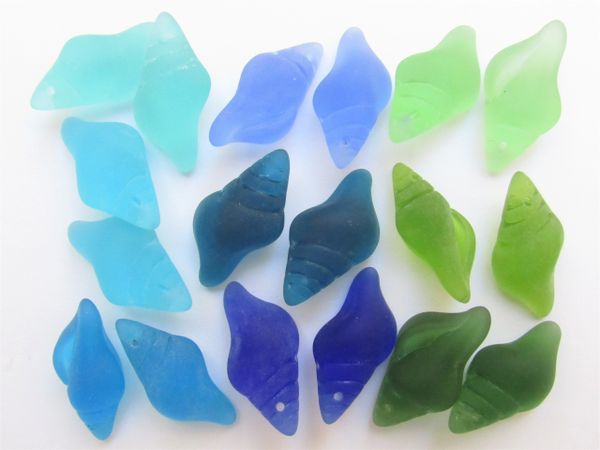 Frosted GLASS PENDANTS 26x12mm 9 pair Assorted top drilled pairs blue green for making jewelry