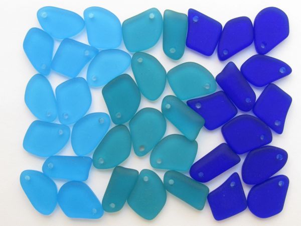 Cultured Sea Glass PENDANTS 15mm flat frosted freeform assorted blues bead supply for making jewelry