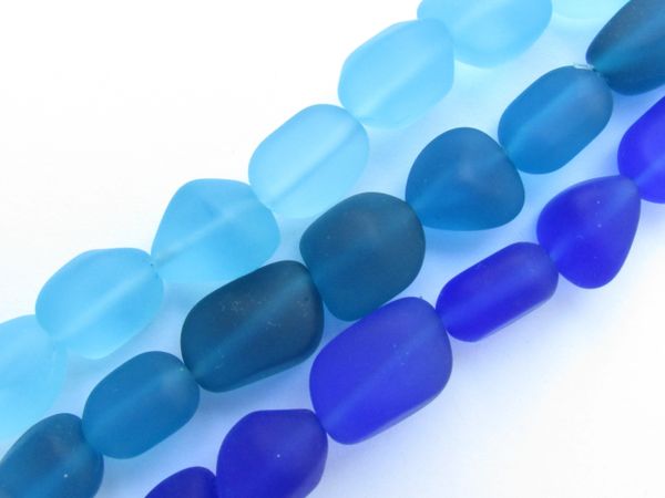 Cultured Sea Glass BEADS for making jewelry 13 - 15mm assorted Blues frosted Nugget 3 strands