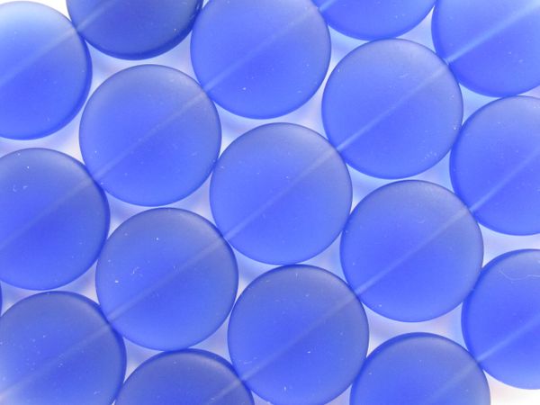 Supply for making jewelry Cultured Sea Glass BEADS 20mm Coin Royal cobalt blue frosted flat round for making jewelry