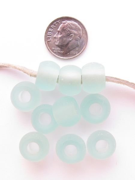 Cultured Sea Glass BEADS Light Aqua 12mm Large Hole Rondelle Pony Bead Great for making leather cord jewelry