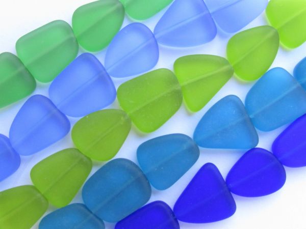 Bead Supply Cultured Sea Glass BEADS 15mm flat freeform assorted Dark Blue Green for making jewelry